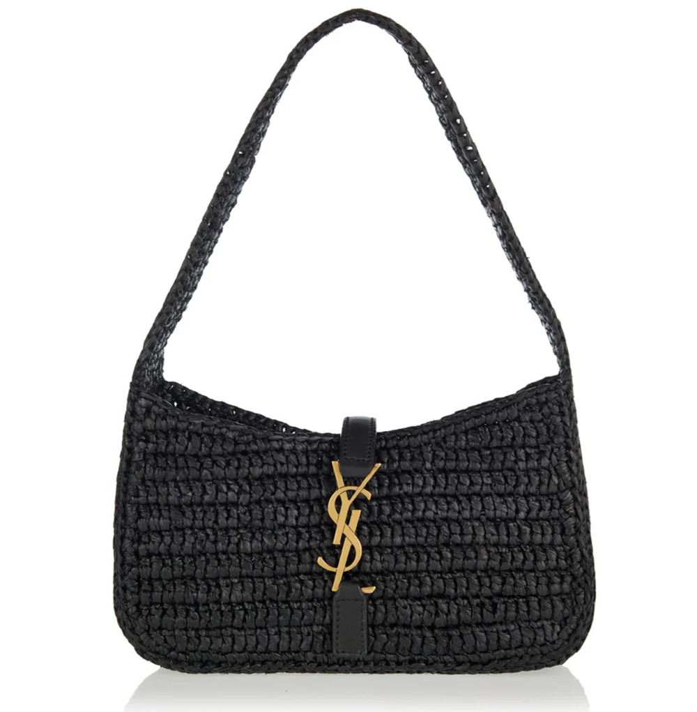 Saint Laurent Mini Le 5 A 7 Hobo Black Raffia YSL Logo Top Handle Shoulder Bag